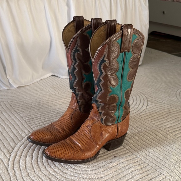 Tony Lama Shoes - Tony Lama Brown and Teal Heeled Boots